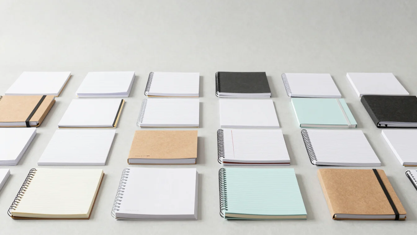 Structured flat-lay of commercial stationery supplies and noteboo