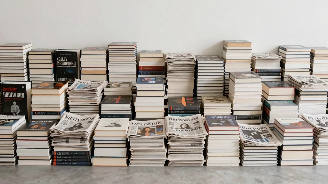 Hardcover and paperback book stacks alongside bundled daily newsp