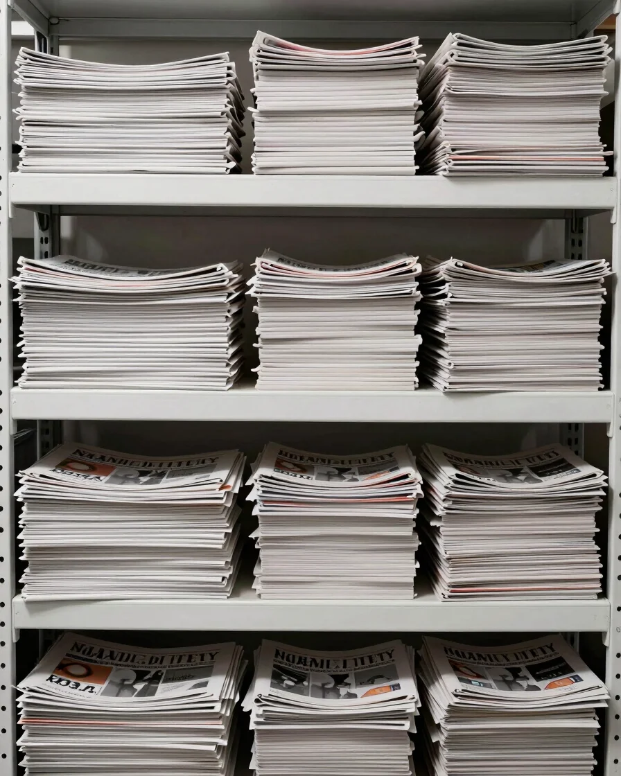 Organized warehouse shelves with neatly stacked paper reams and bundled daily newspapers, bright indirect studio lightin