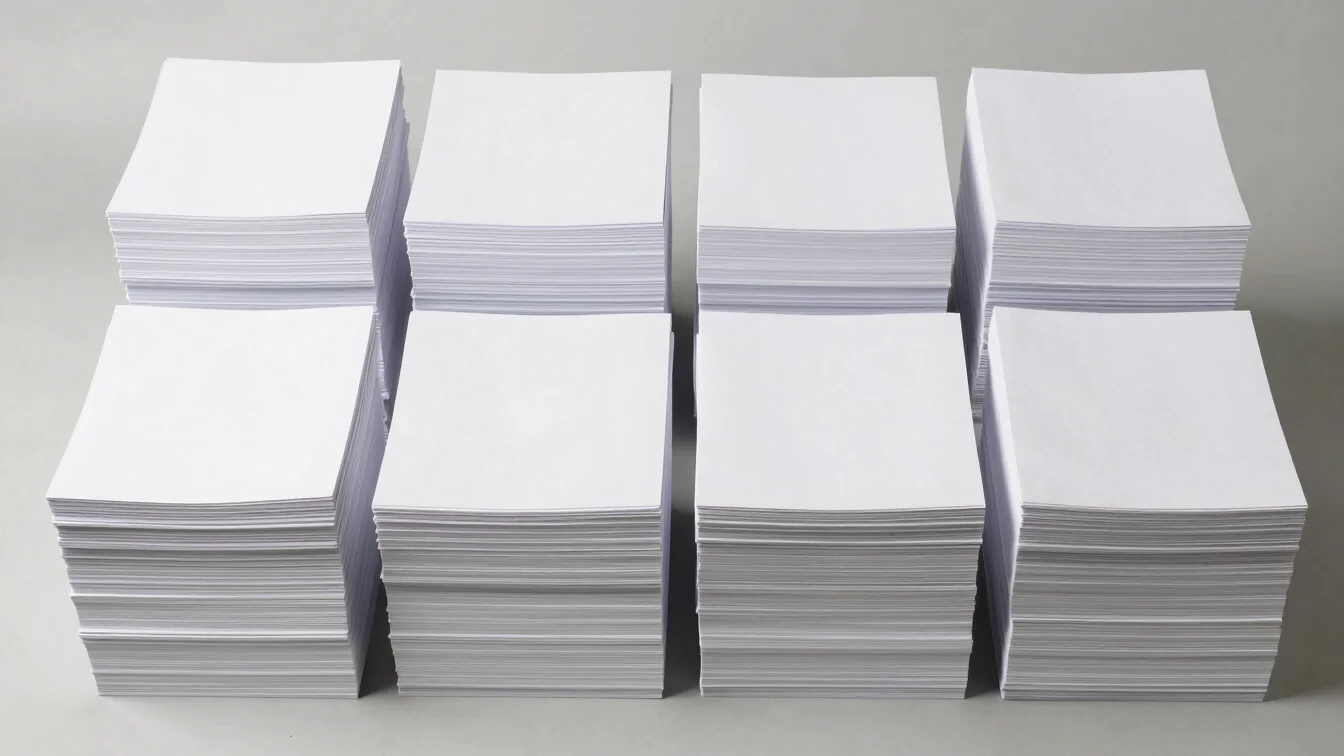 Neatly organized stacks of white paper reams on a neutral backgro